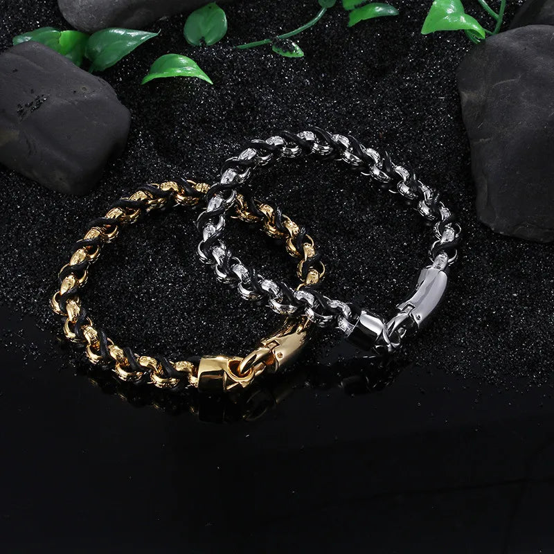 Hip-Hop Retro Color Block Pu Leather Titanium Steel Plating 18K Gold Plated Men's Bracelets