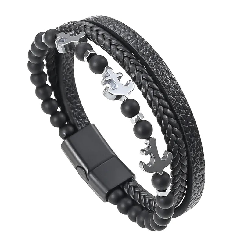 Retro Punk Solid Color Pu Leather Zinc alloy Plating Men's Bracelets Men Cord & Leather Bracelets