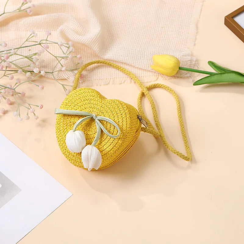 Summer Beach Seaside Tulip Straw Woven Bag  New Children Flower Straw Bag Mobile Phone Crossbody Bag
