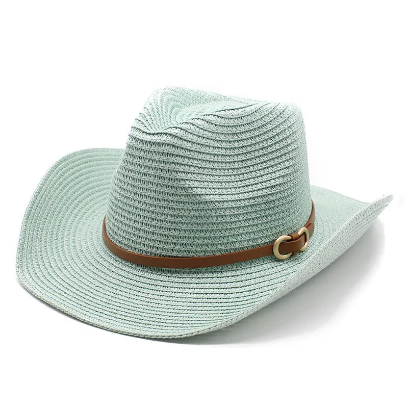 women's cowboy style solid color flat eaves straw hat