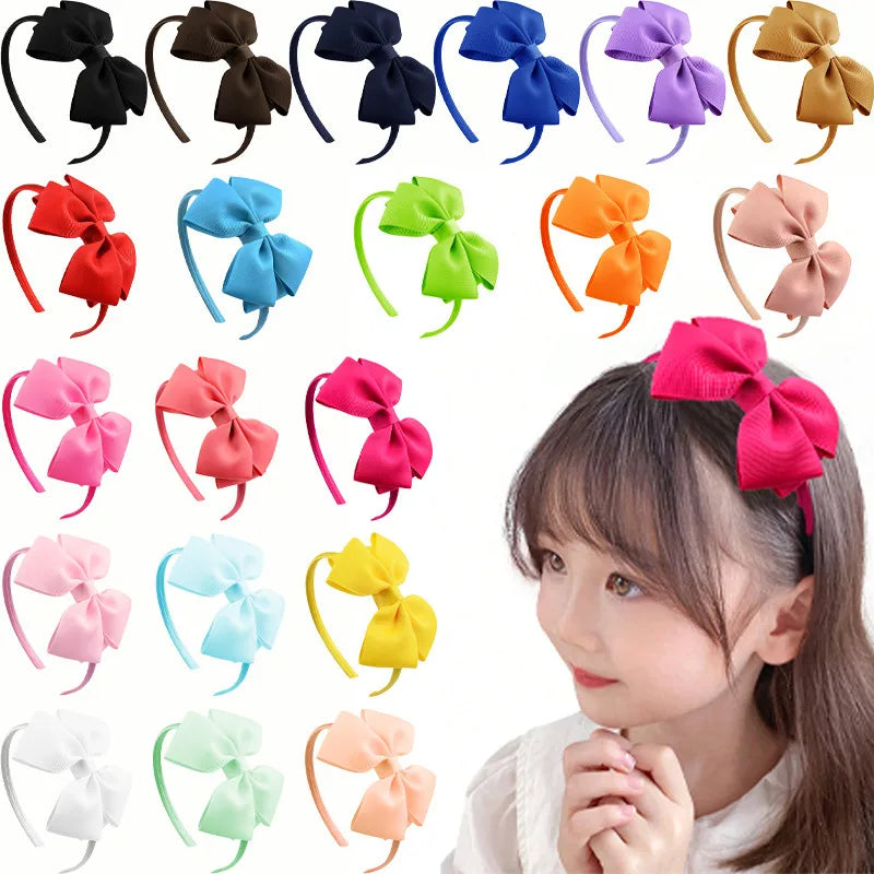 Popular  Kidsren's Pure Color Ribbed Rainbow Bow Head Buckle Small Fresh Versatile Girl Headband Hot Sale