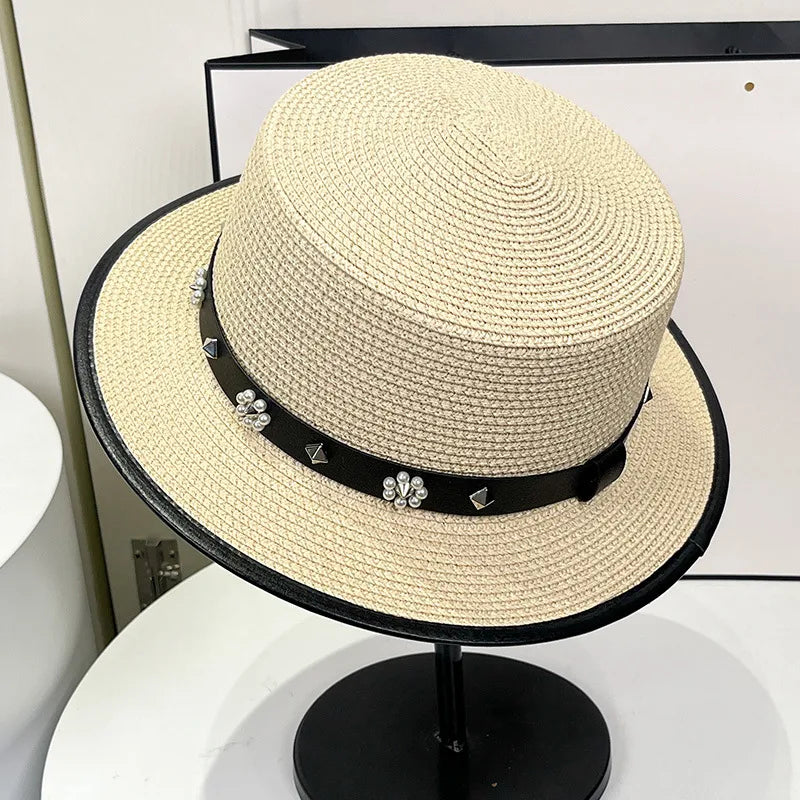 women's simple style flower flat eaves straw hat
