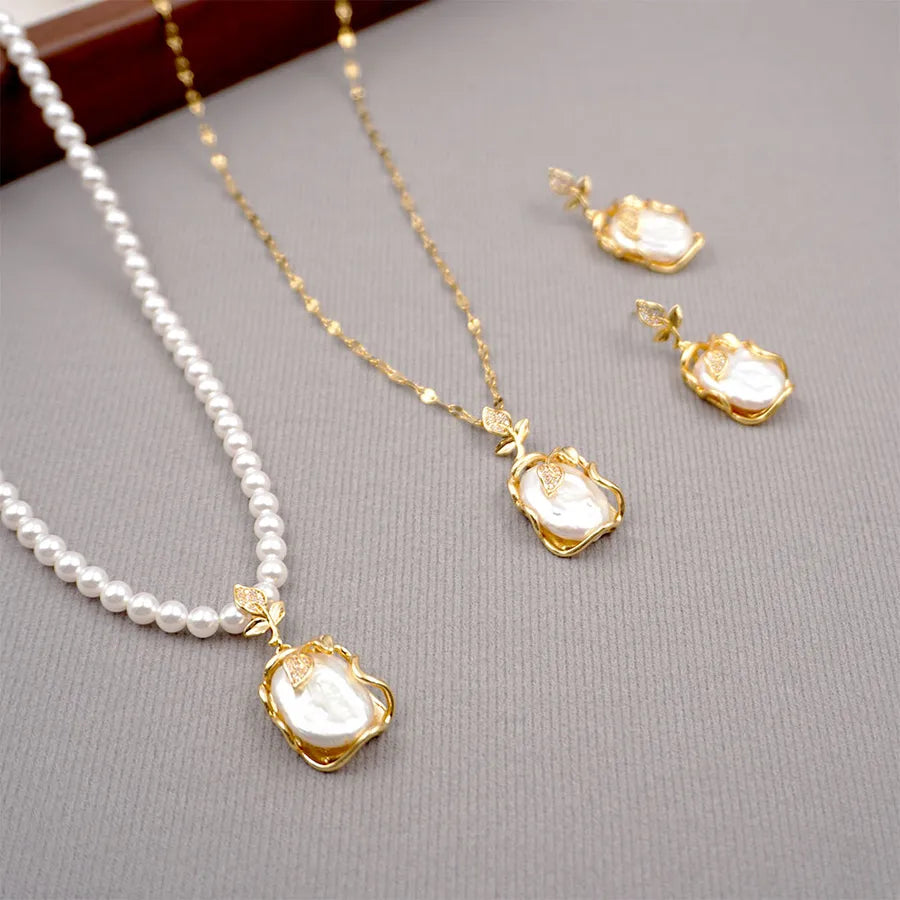 304 Stainless Steel Freshwater Pearl Copper Vacuum Plating Beaded Chain cable chain Leaves Pendant Necklace