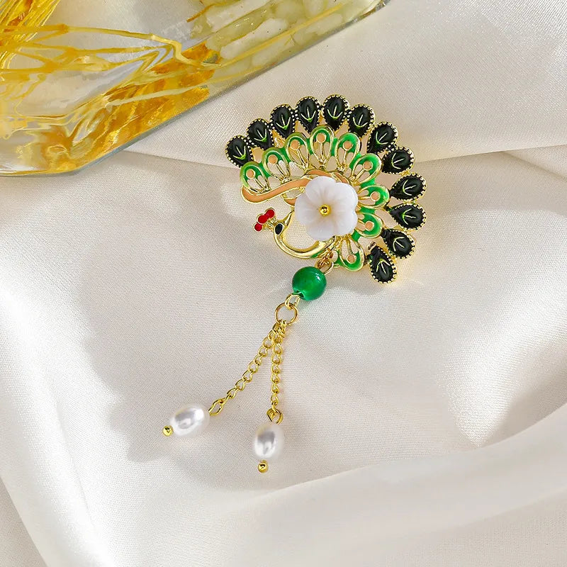 Green Chinese Style Brooch Pin Vintage High-End Tassel Creative Versatile Hanfu Cheongsam Embroidery Zinc Alloy Jewelry Accessory