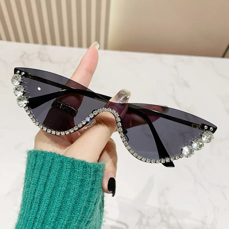 Hip-Hop Shiny Solid Color Ac Cat Eye Half Frame Women's Sunglasses