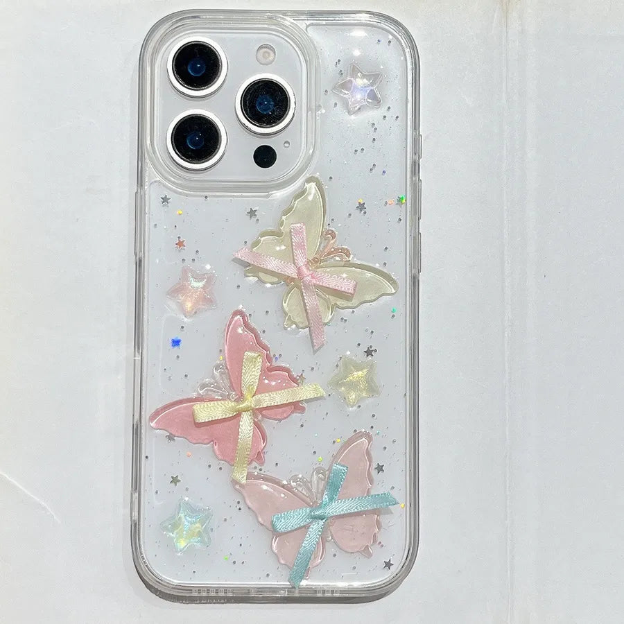 Trendy Butterfly Knot Silk Ribbon Phone Case For iPhone 16 Apple 15/14 Pro Max Women's 13 Silicone Transparent Color Drip Glue