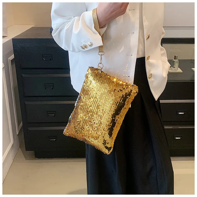 Women's Sequin Solid Color Elegant Square Zipper Clutch Bag