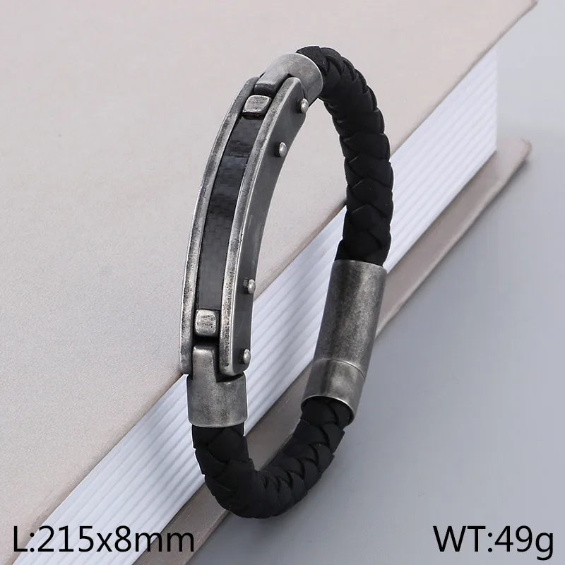 Business Formal Geometric 304 Stainless Steel Leather Braid 18K Gold Plated Men's Bangle