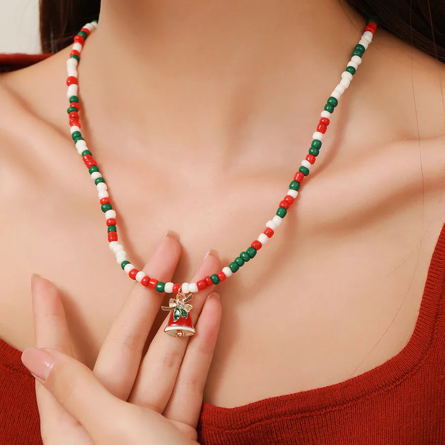Christmas Themed Double Layered Necklace With Santa Claus Design Glass Beads Clavicle Chain Jewelry Accessory For Unisex Use