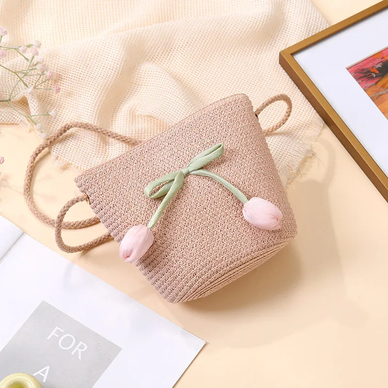Summer Beach Seaside Tulip Straw Woven Bag  New Children Flower Straw Bag Mobile Phone Crossbody Bag