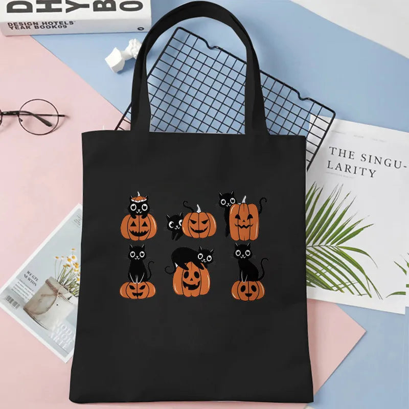 Cute Cat Halloween Party Bag Women Ghost Canvas Tote Bag Harajuku Fashion Shopping Bag Square Shape Large Size Retro Print