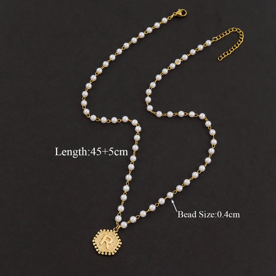 Elegant Simple Style Classic Style Hexagon Letter 304 Stainless Steel Imitation Pearl Beaded Necklaces Wholesale