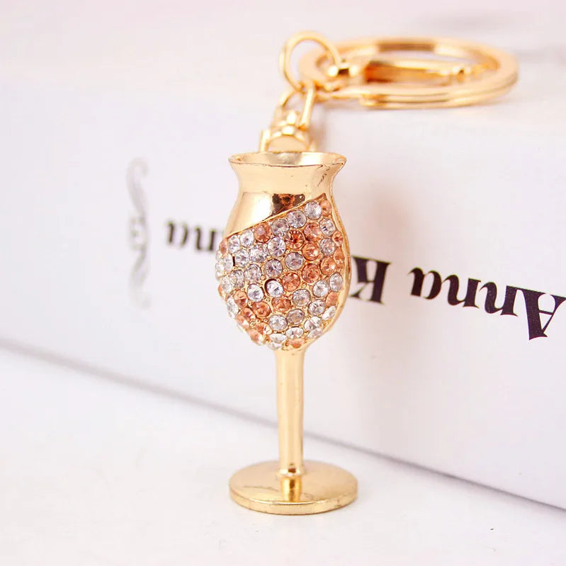 creative diamond-studded goblet keychain red wine glass key chain metal pendant