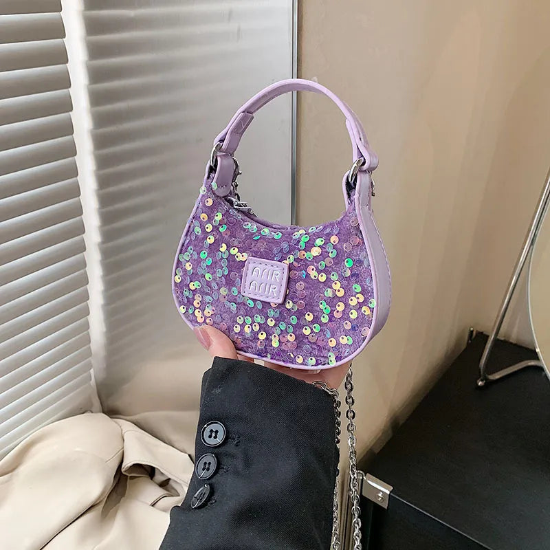 Women's Sequin Pu Leather Solid Color Streetwear Sewing Thread Oval Zipper Handbag Crossbody Bag