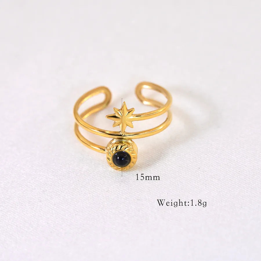 Retro French Style Eight awn star Geometric Titanium Steel Natural Stone Open Rings In Bulk