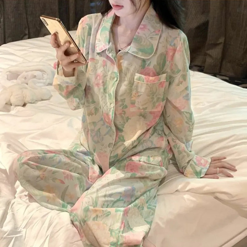 Pure Color Lace Splice Smooth Ice Silk Sleepwear Set Women Long Sleeve Long Pants Two Piece Set High-End Sensation Home Clothes