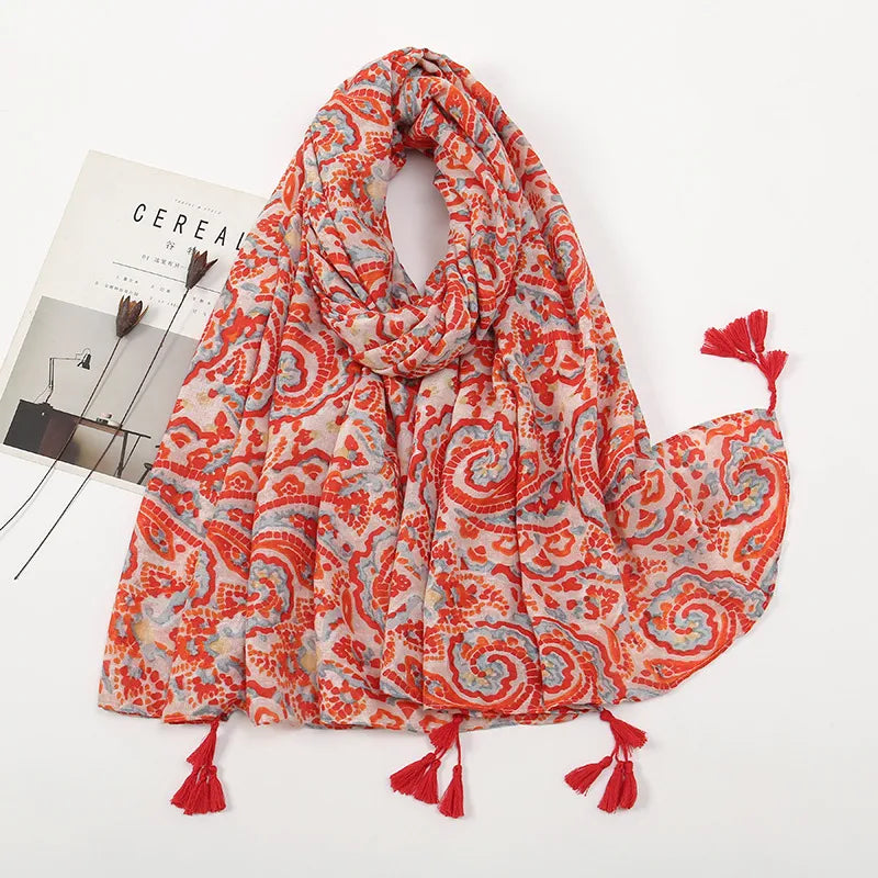 women's retro color block polyester printing scarf