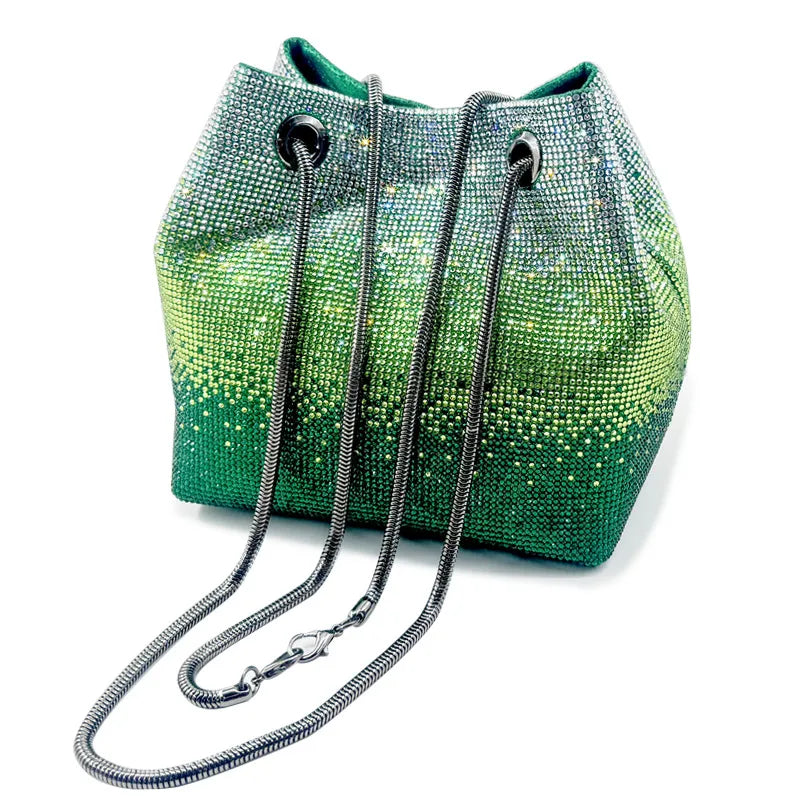 Green Pink Pu Leather Gradient Color Rhinestone Bucket Evening Bags