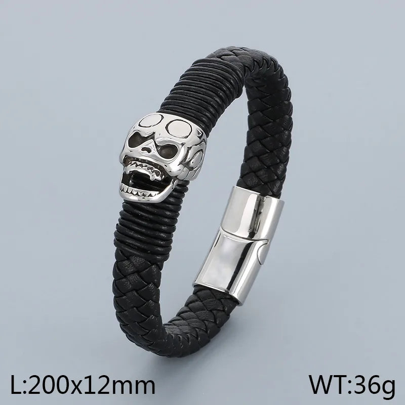 Business Lion Skull 304 Stainless Steel Leather Knitting 18K Gold Plated Halloween Men's Bangle