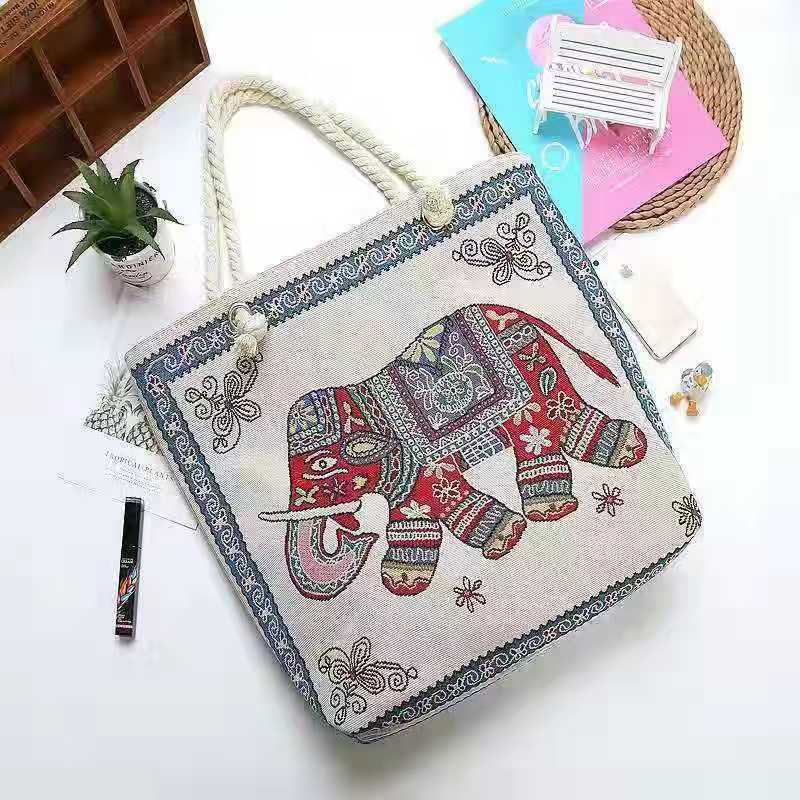 Women's Large Canvas Animal Cartoon Vacation Ethnic Style Bucket Zipper Tote Bag