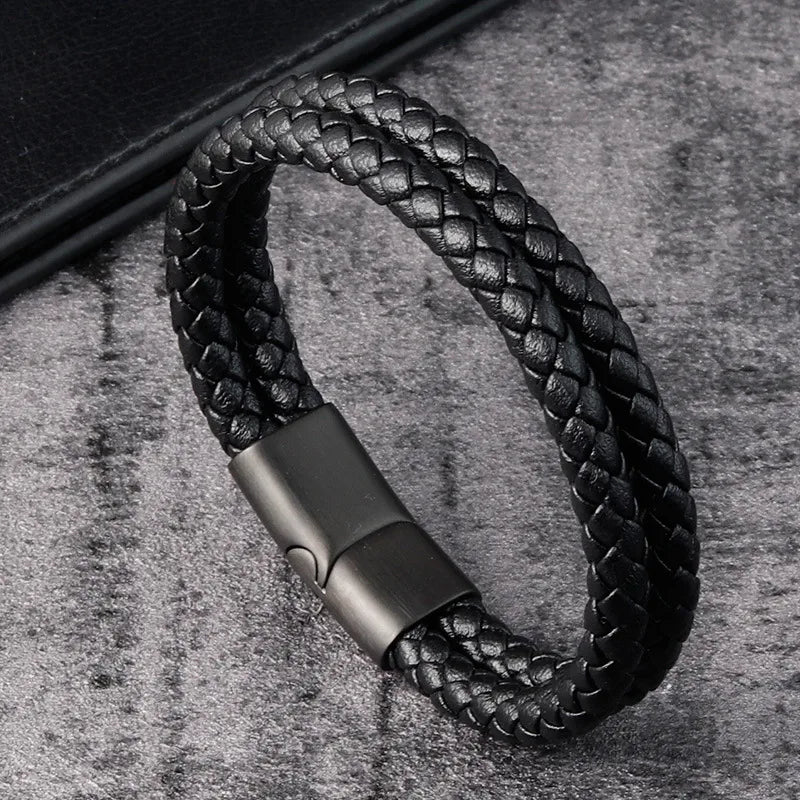 Vintage Style Simple Style Geometric Pu Leather Titanium Steel Woven Chain Wrap Bracelets Wholesale