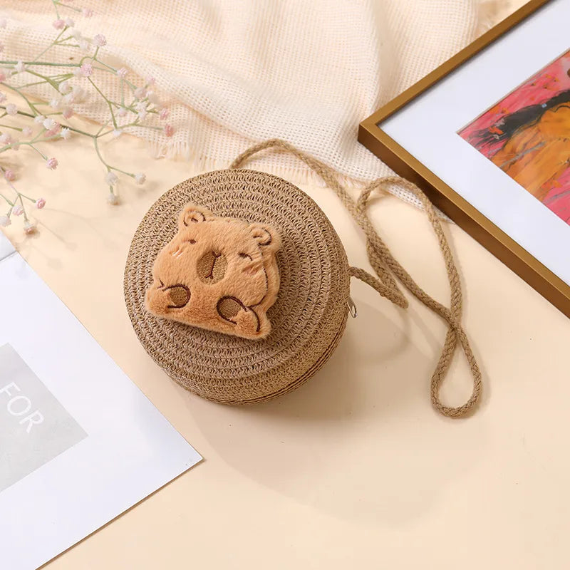 Summer Woven Bag  New Children's Cute Capibala Seaside Vacation Straw Woven Bag Crossbody Coin Purse