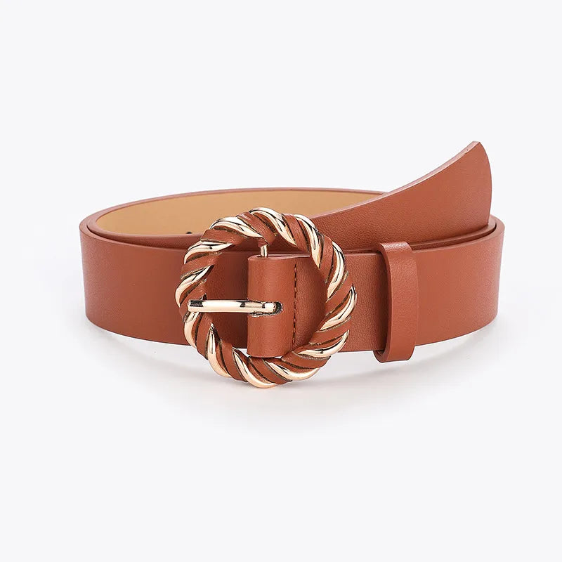retro round solid color pu leather alloy women's leather belts