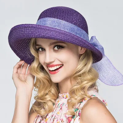 women's basic solid color bowknot crimping straw hat