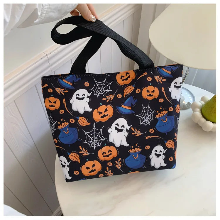 Halloween High Capacity Tot Bag Pumpkin Witch Casual Single Shoulder Bucket Shape Zipper Closure Nylon Material Street Style