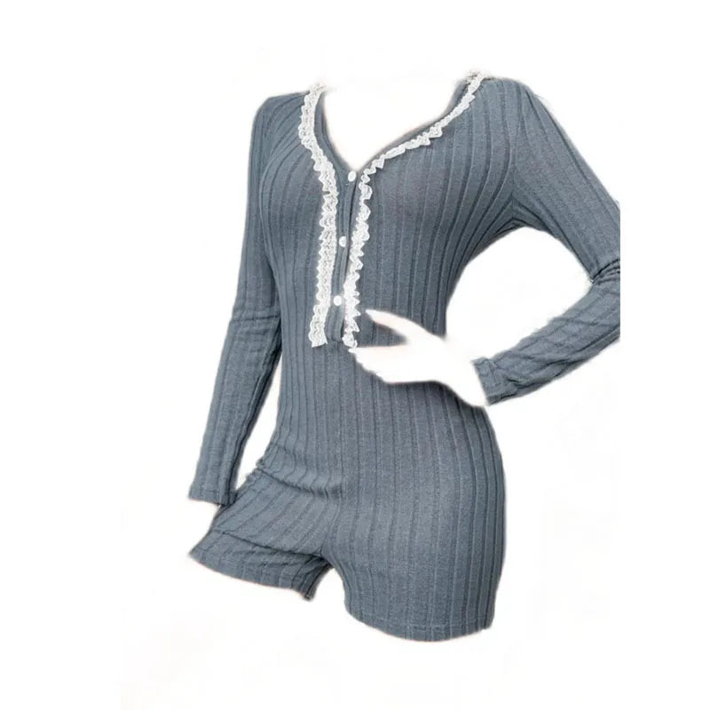 Women's Lace Trim Jumpsuit Nightgown Comfortable Slimming Home Clothes V-neck Long Sleeve Short Pants Spring Autumn New Style