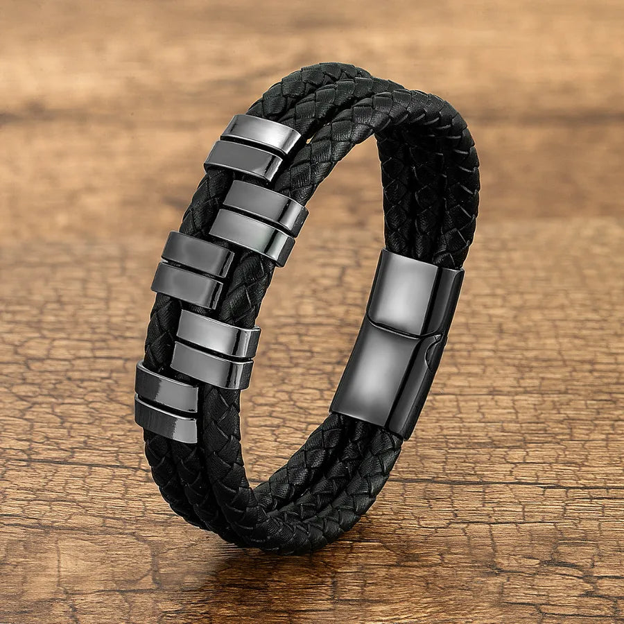 Vintage Style Exaggerated Punk Geometric Leather rope Metal Layered Handmade Metal Button Men's Bangle