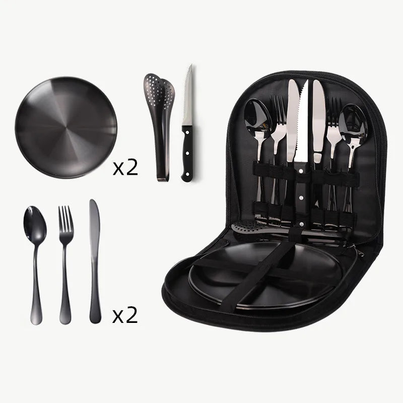 Outdoor travel stainless steel tableware camping picnic barbecue plate clip steak knife, fork and spoon suit portable storage bag