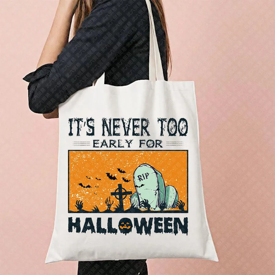 Scary Cat Halloween Pumpkin Pattern Canvas Tote Bag Reusable Shopping Bag Large Square Shape Double Shoulder Strap Tote Bag