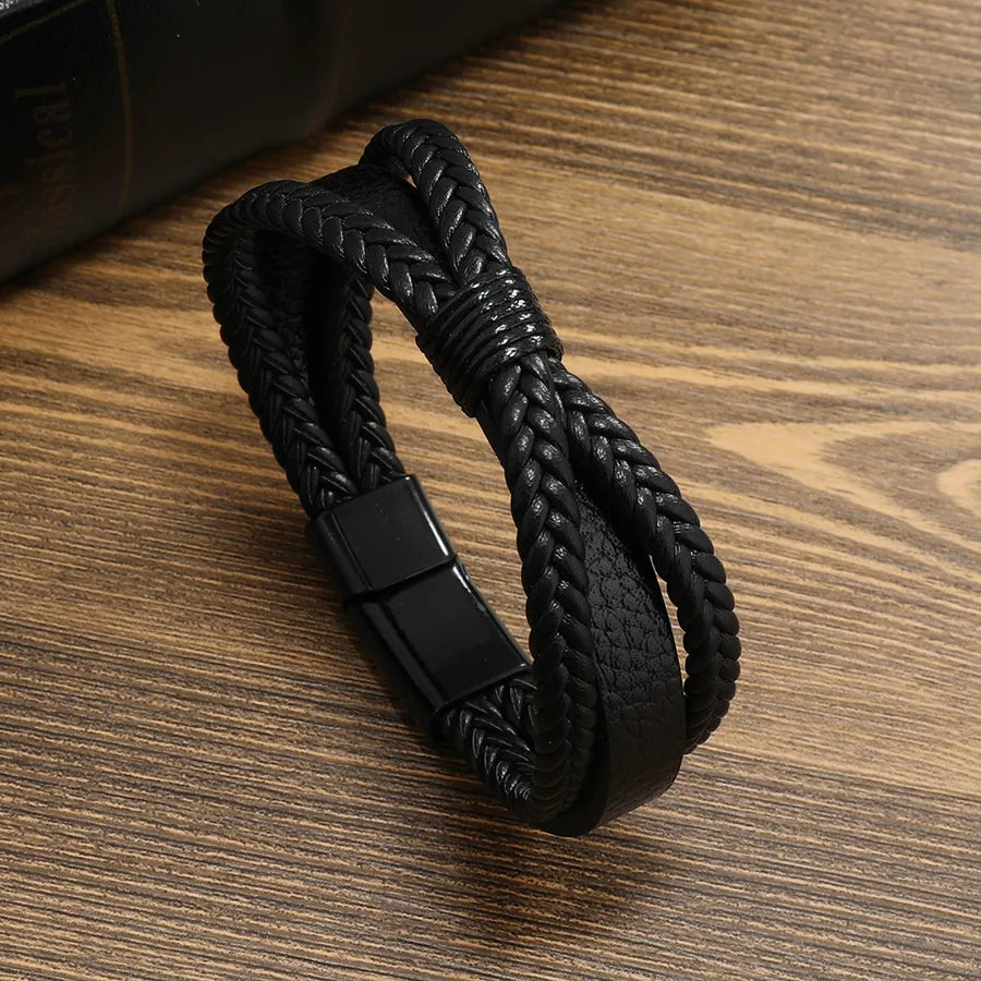 Punk Solid Color Pu Leather Braid Men's Bangle Men Cord & Leather Bracelets