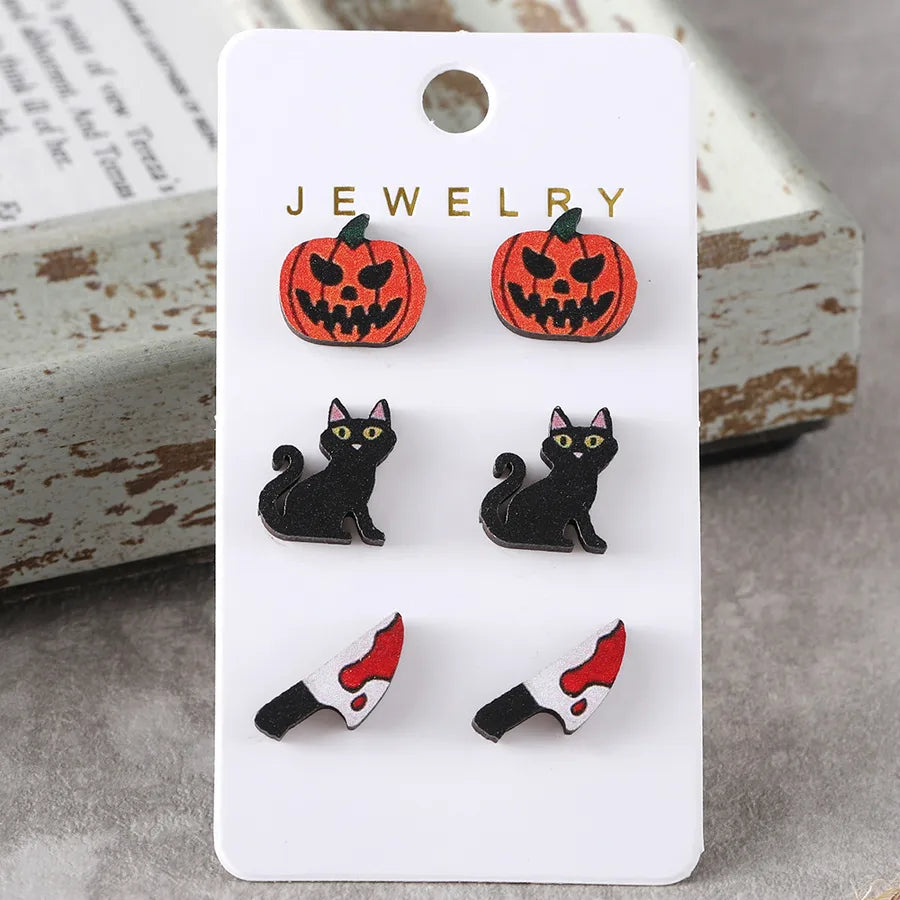 Wooden Vintage Halloween Party Ear Studs Set For Women Bat Pumpkin Witch Hat Skeleton Black Cat Design Stainless Steel Post