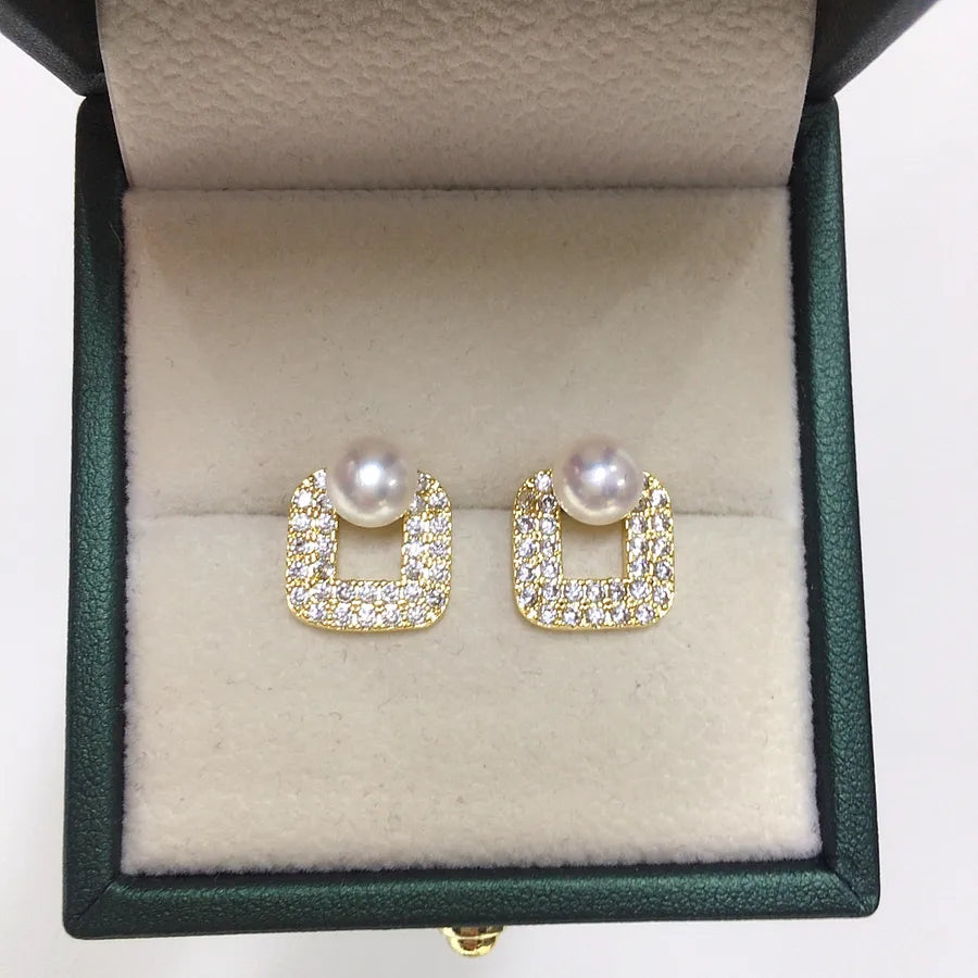 Zhuji high quality Natural Freshwater Pearl Earrings for Women Exquisite Micro-inlaid Zircon Geometric Square Fashion Pearl Earrings