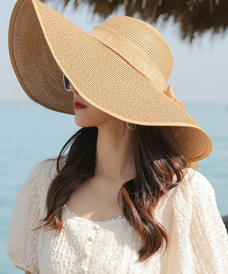 women's basic solid color bowknot side of fungus straw hat