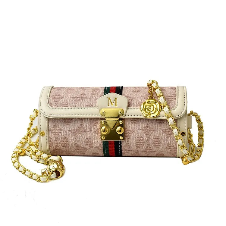 Women's Pu Leather Letter Color Block Elegant Streetwear Cylindrical Flip Cover Lock clasp Shoulder Bag