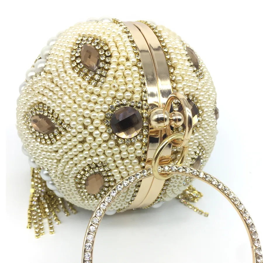 gold silver rhinestone solid color tassel pearl round evening bags