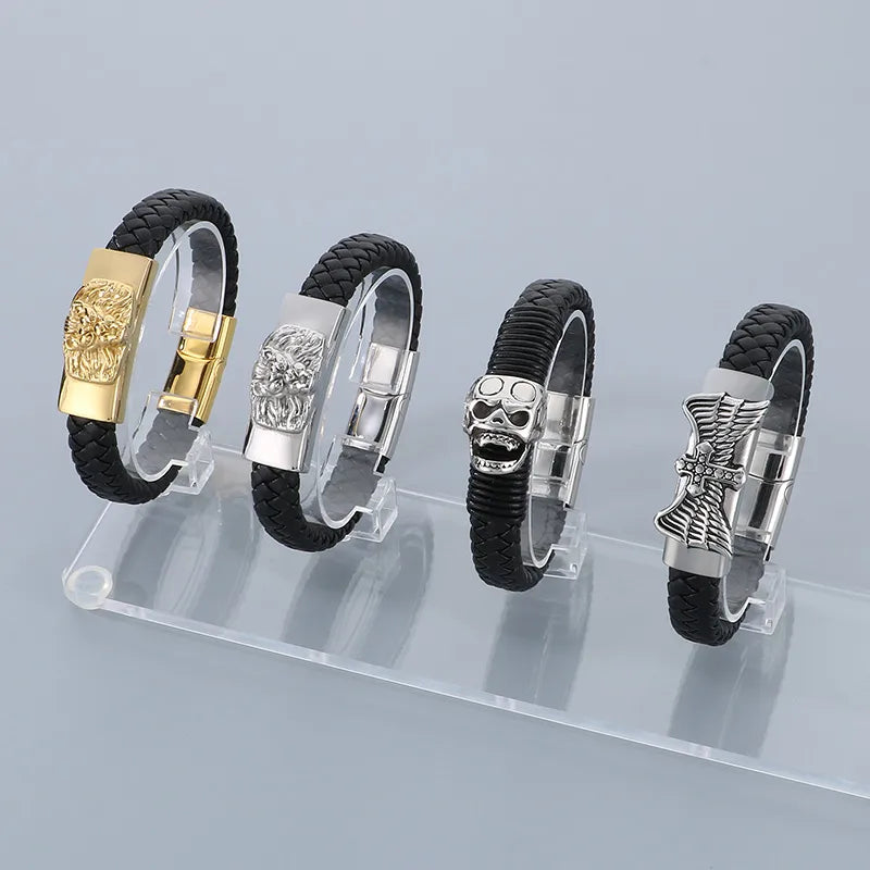 Business Lion Skull 304 Stainless Steel Leather Knitting 18K Gold Plated Halloween Men's Bangle