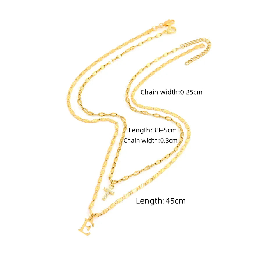 2 Pcs/set Gold Color Fashion Initial Letter Cross Pendant Lip Chain & 卍 Symbol Chain Stainless Steel Women Necklace
