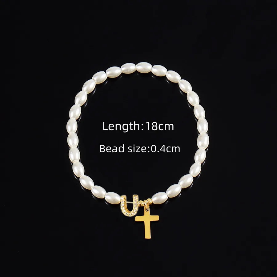 Simple Style Cross Letter 304 Stainless Steel Artificial Pearl Copper Beaded Chain Bracelets In Bulk