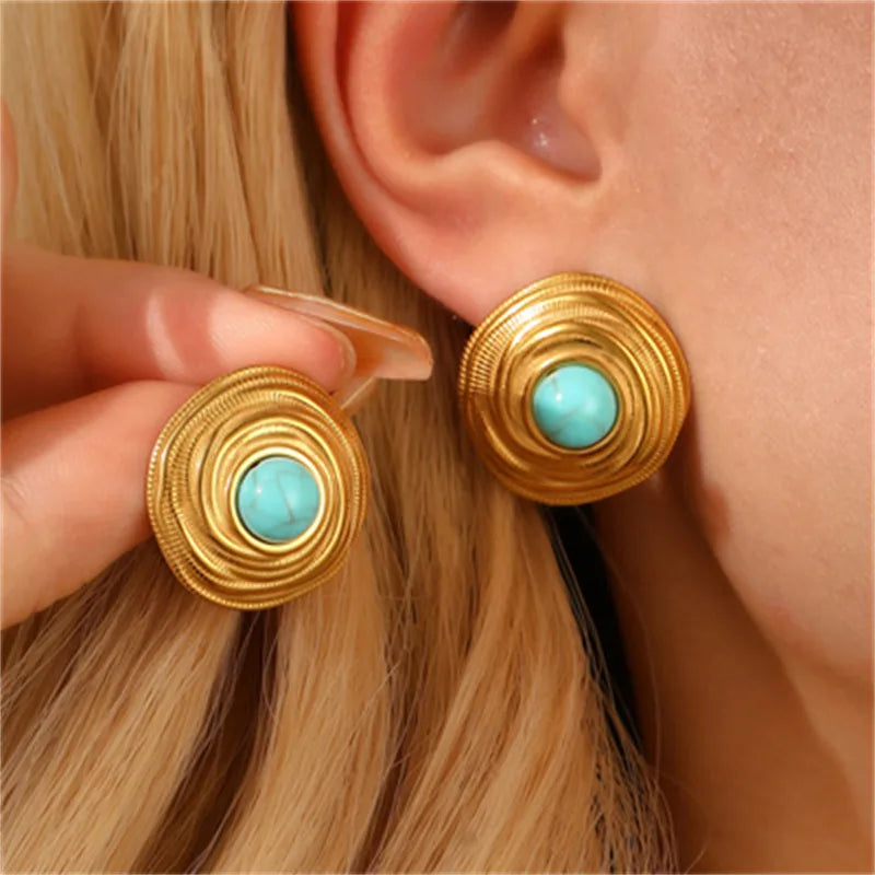 Casual Streetwear Geometric Plating 316 Stainless Steel  December Birthstone Turquoise Zircon 18K Gold Plated Bullet Backs Ear Studs