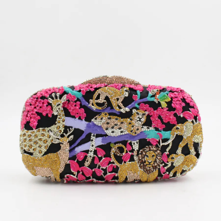 Black&Green Gold Rhinestone Metal Animal Hollow Square Evening Bags