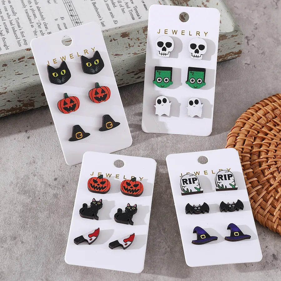 Wooden Vintage Halloween Party Ear Studs Set For Women Bat Pumpkin Witch Hat Skeleton Black Cat Design Stainless Steel Post