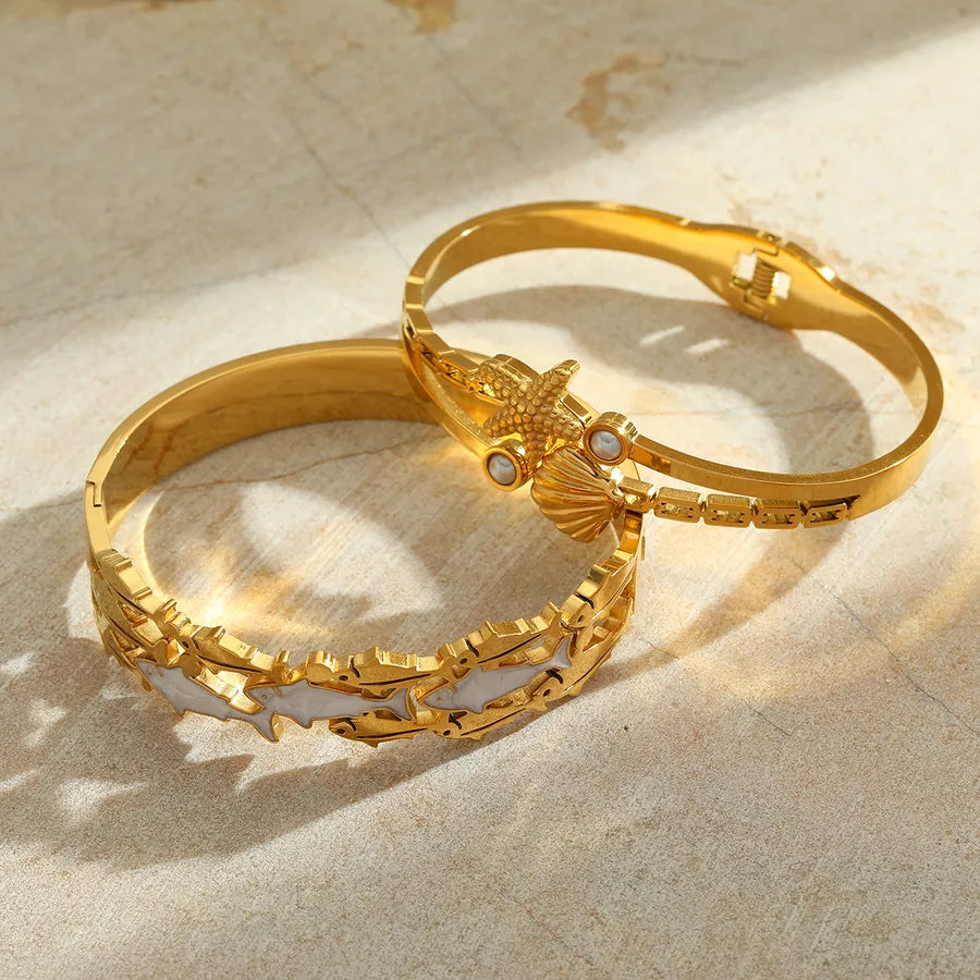 Casual Marine Style Simple Style Starfish Shell Fish 304 Stainless Steel 18K Gold Plated Imitation Pearl Bangle In Bulk