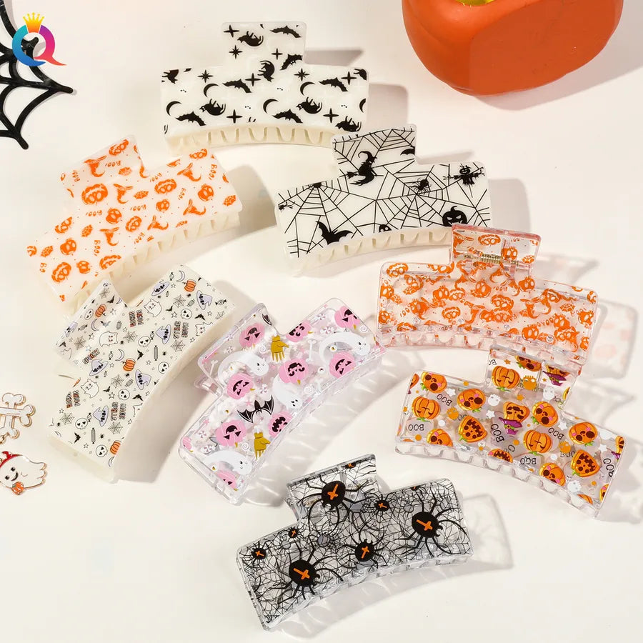 Halloween Ghost Pumpkin Print Hair Clip Women's Fashion Hair Grips Square Design Plastic Headwear Simple Style Hair Accessories