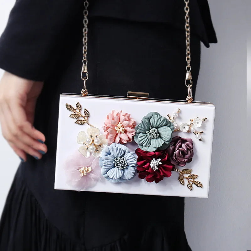 white blue black arylic flower square evening bags