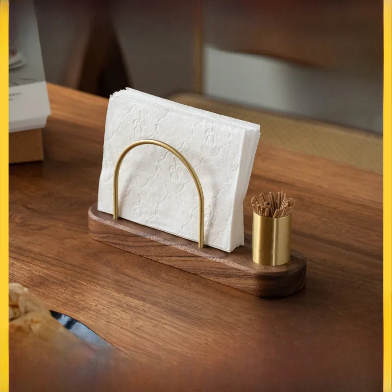 Creative light luxury Japanese-style solid wood semicircle brass tissue holder dining table kitchen paper holder desktop vertical tissue holder