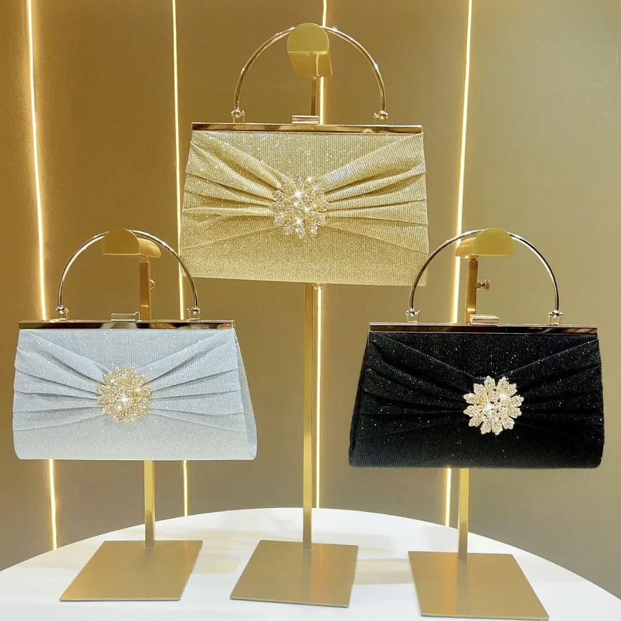 Elegant Dinner Party Handbag Shoulder Bag Polyester Square Shape Mobile Phone Wallet Folded Design Chain Diamond Embellished
